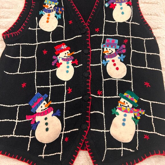 Christmas Knit Sweater Vest Embroidered Snowmen Victoria Jones Size L Vintage - Picture 2 of 7